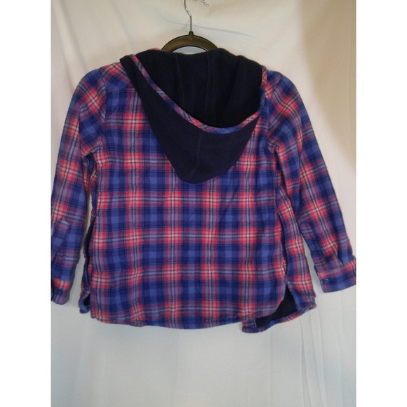 LL Bean Kids Hooded Flannel Shacket Blue Pink Plaid Long Sleeve‎ Casual Top - Picture 2 of 3